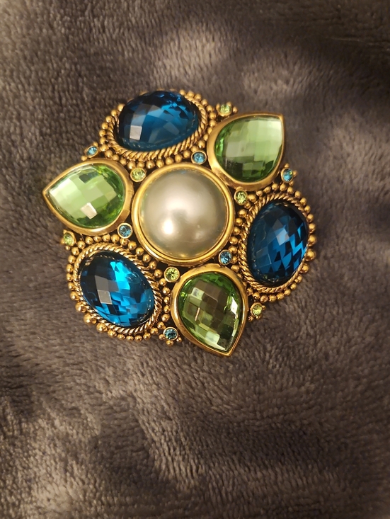 Joan Rivers Jewelry - Joan Rivers Gold-Tone Brooch with Blue, Green & Pearl Accents